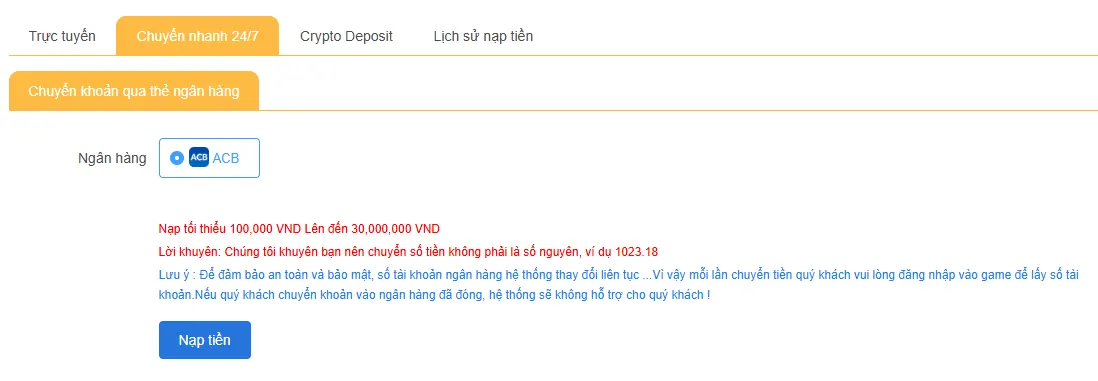 Nạp tiền 24/7 vào 123B chuyển khoản